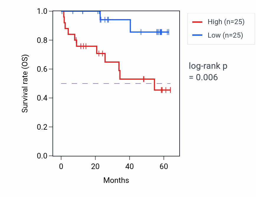 Kaplan&ndash;Meier survival curve for MBOAT7 mass-spec protein-high vs -low samples in CCRCC.
