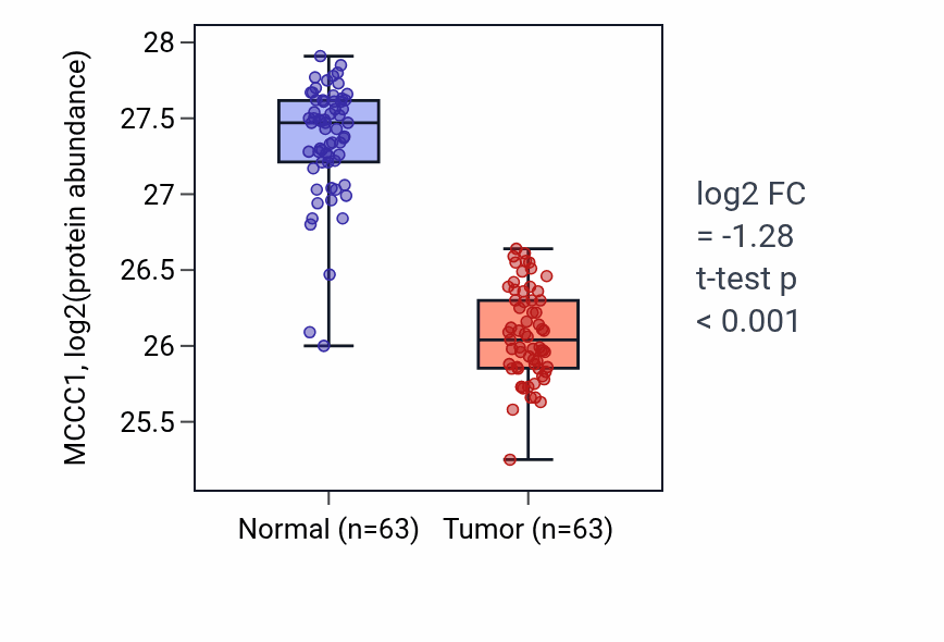 Tumor-vs-normal mass-spec protein box plot for MCCC1 in CCRCC.