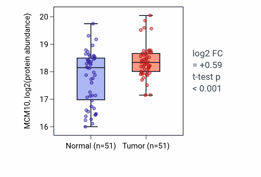Tumor-vs-normal mass-spec protein box plot for MCM10 in LSCC.