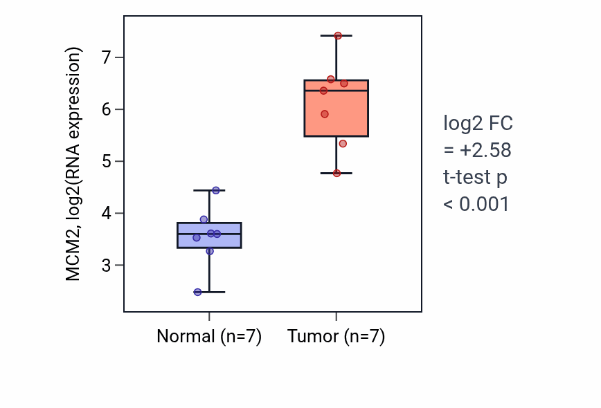 Tumor-vs-normal expression box plot for MCM2 RNA in BLCA.