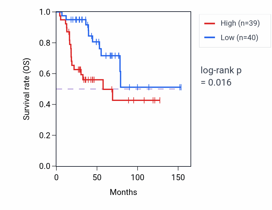 Kaplan&ndash;Meier survival curve for MCM6 RNA-high vs -low samples in ACC.