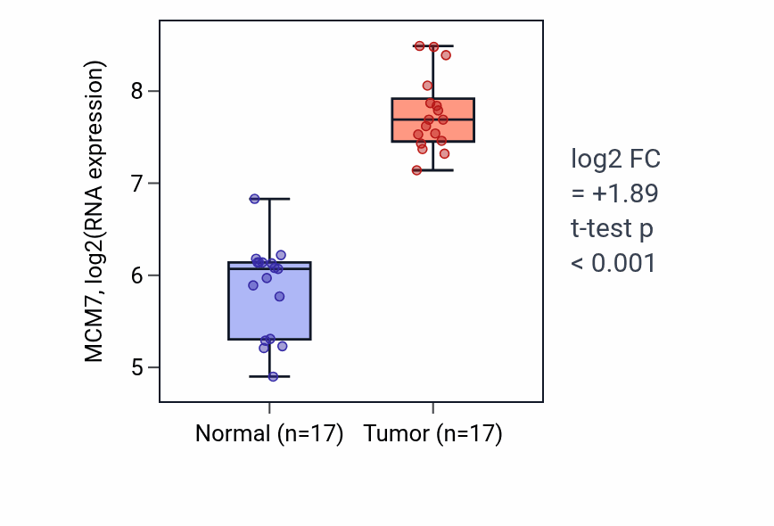 Tumor-vs-normal expression box plot for MCM7 RNA in COAD.