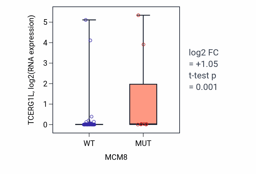Box plot of TCERG1L in MCM8-low vs MCM8-high samples in BLOOD_Leukemia.