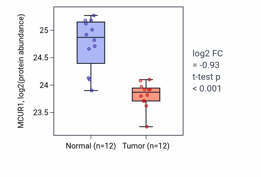 Tumor-vs-normal mass-spec protein box plot for MCUR1 in CCRCC.