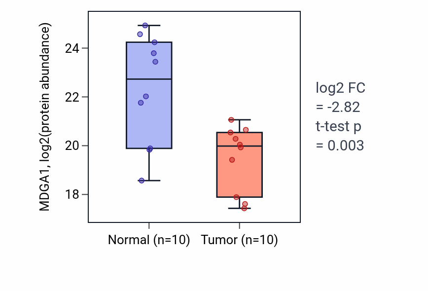 Tumor-vs-normal mass-spec protein box plot for MDGA1 in PDAC.
