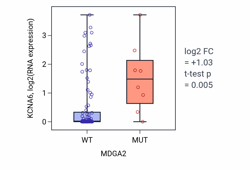 Box plot of KCNA6 in MDGA2-low vs MDGA2-high samples in BLOOD_Leukemia.
