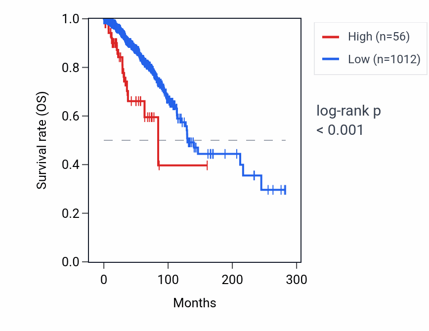 Kaplan&ndash;Meier survival curve for MDH1P2 RNA expression in BRCA: high vs low expression groups.