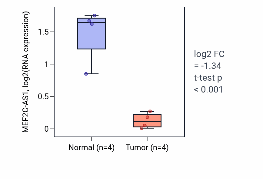 Tumor-vs-normal expression box plot for MEF2C-AS1 RNA in BLCA.