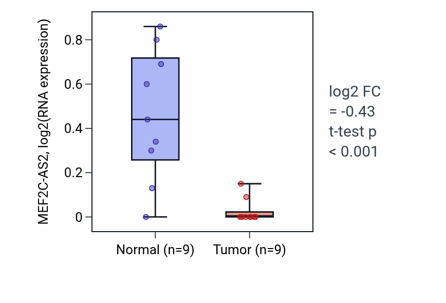 Tumor-vs-normal expression box plot for MEF2C-AS2 in LUAD.