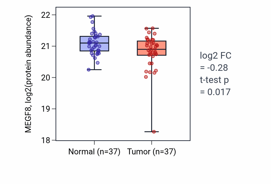 Tumor-vs-normal mass-spec protein box plot for MEGF8 in CCRCC.