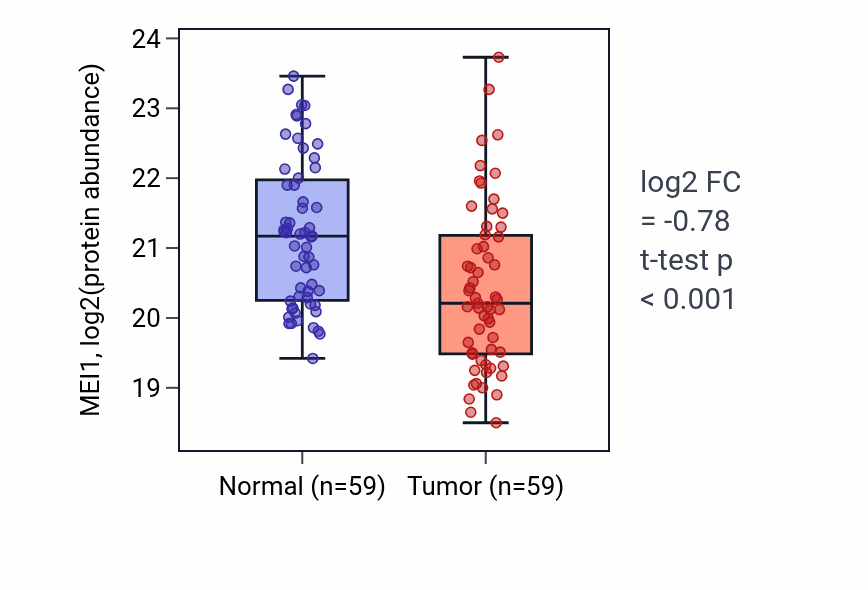 Tumor-vs-normal mass-spec protein box plot for MEI1 in COAD.