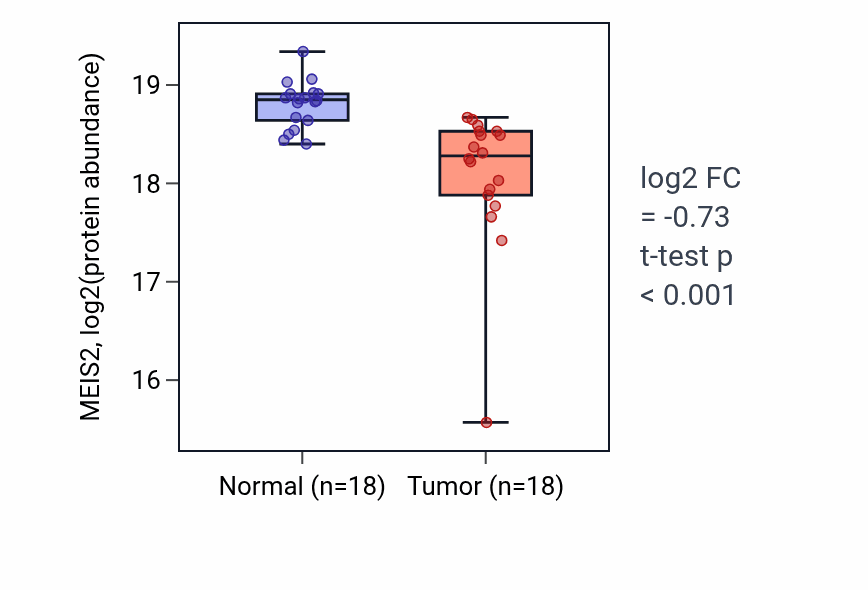 Tumor-vs-normal mass-spec protein box plot for MEIS2 in CCRCC.