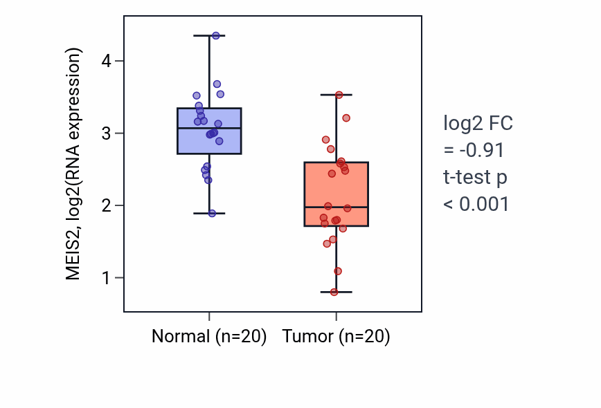 Tumor-vs-normal expression box plot for MEIS2 RNA in KIRC.