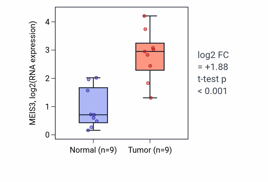 Tumor-vs-normal expression box plot for MEIS3 RNA in HNSC.