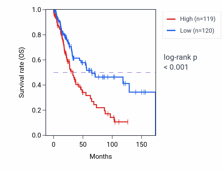 Kaplan&ndash;Meier survival curve for MEIS3P1 RNA expression in LUSC: high vs low expression groups.