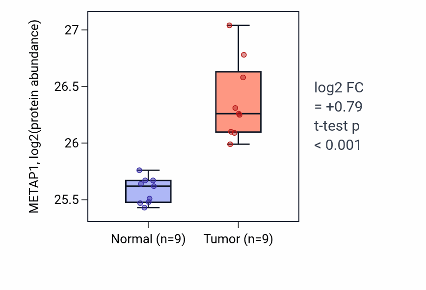 Tumor-vs-normal mass-spec protein box plot for METAP1 in LSCC.