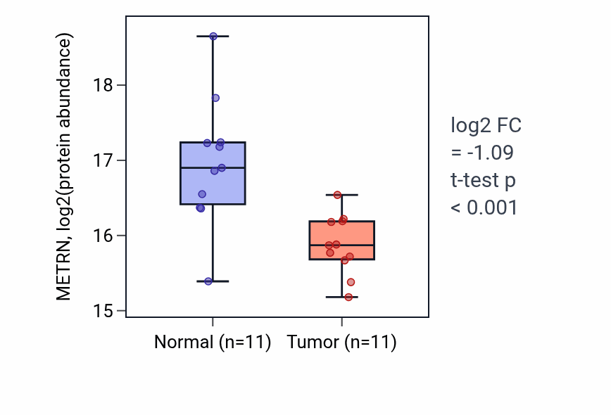 Tumor-vs-normal mass-spec protein box plot for METRN in LUAD.