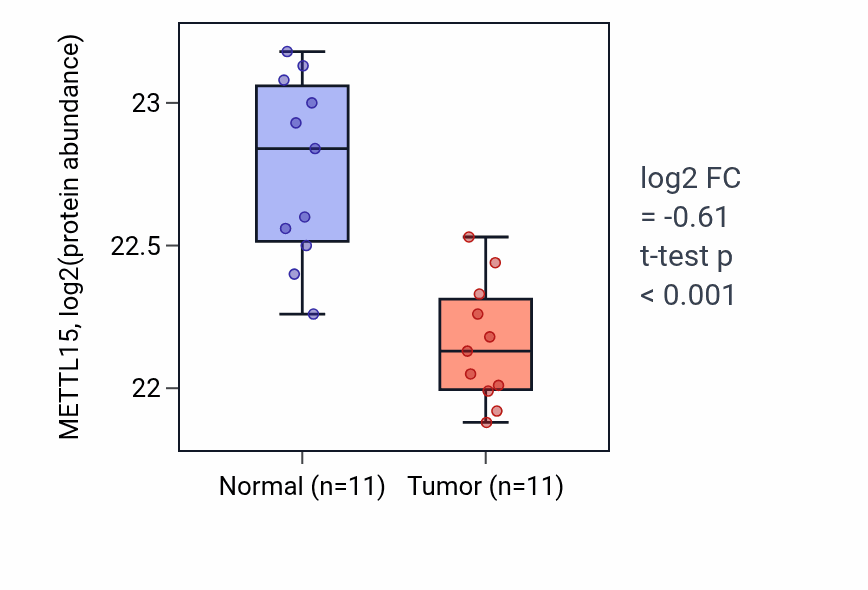 Tumor-vs-normal mass-spec protein box plot for METTL15 in CCRCC.