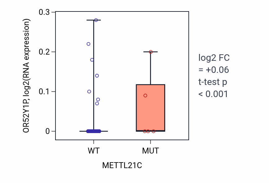 Box plot of OR52Y1P in METTL21C-low vs METTL21C-high samples in LUAD.