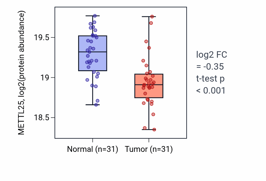 Tumor-vs-normal mass-spec protein box plot for METTL25 in LUAD.