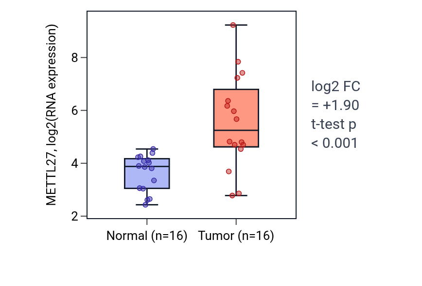 Tumor-vs-normal expression box plot for METTL27 in KIRP.