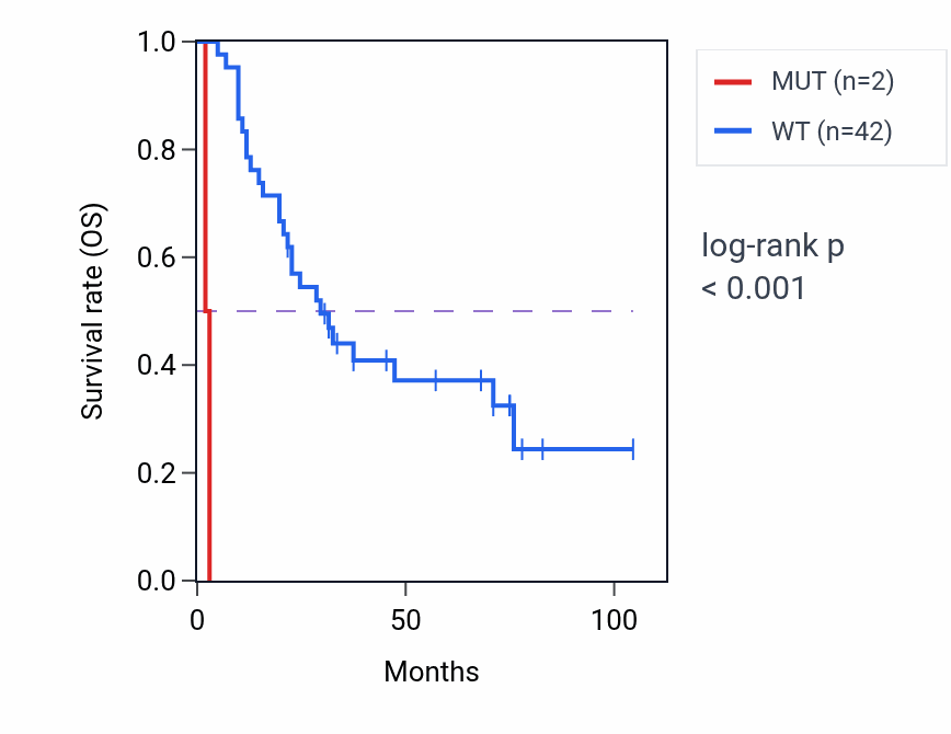 Kaplan&ndash;Meier survival curve for METTL4 mutant vs wild-type samples in SCLC.