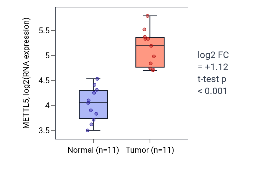 Tumor-vs-normal expression box plot for METTL5 in HNSC.
