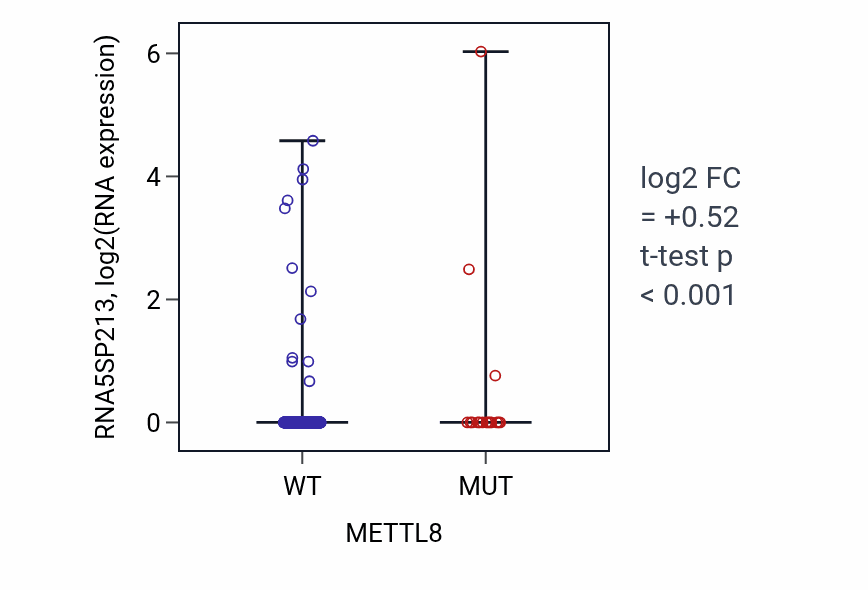 Box plot of RNA5SP213 in METTL8-low vs METTL8-high samples in UCEC.