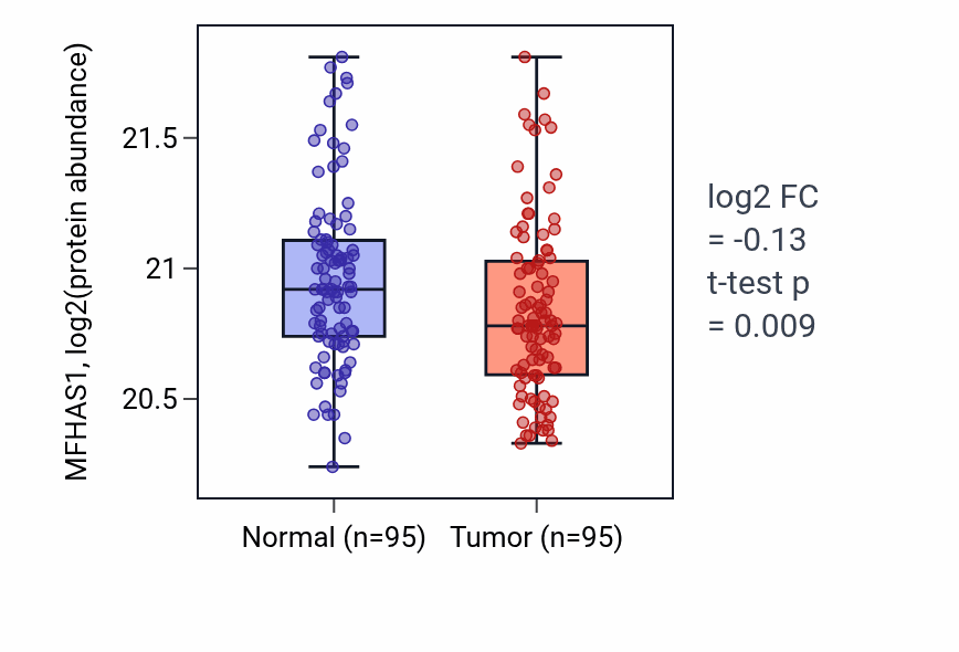Tumor-vs-normal mass-spec protein box plot for MFHAS1 in LSCC.