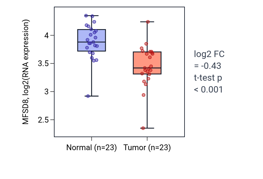 Tumor-vs-normal expression box plot for MFSD8 in THCA.