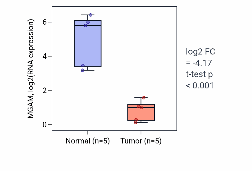 Tumor-vs-normal expression box plot for MGAM in KIRP.