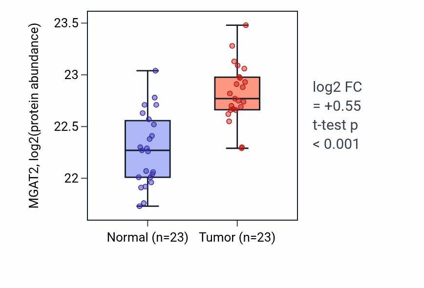 Tumor-vs-normal mass-spec protein box plot for MGAT2 in HNSC.