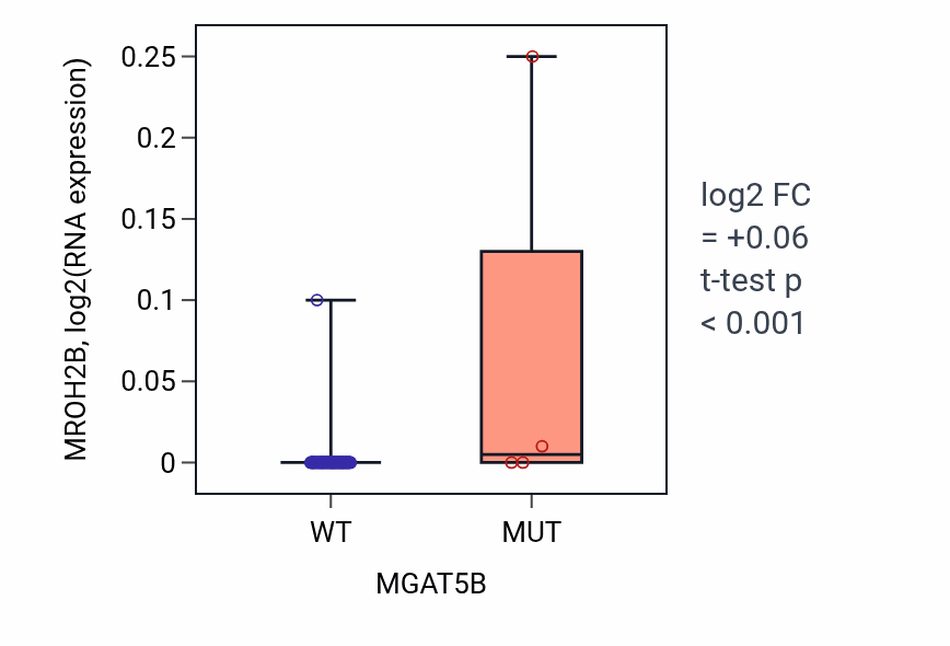 Box plot of MROH2B in MGAT5B-low vs MGAT5B-high samples in BLOOD_Lymphoma.