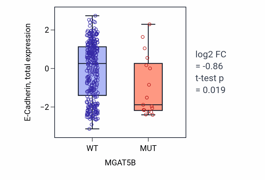 Box plot of E-Cadherin in MGAT5B-low vs MGAT5B-high samples in SKCM.