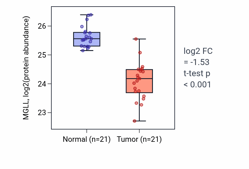 Tumor-vs-normal mass-spec protein box plot for MGLL in HNSC.