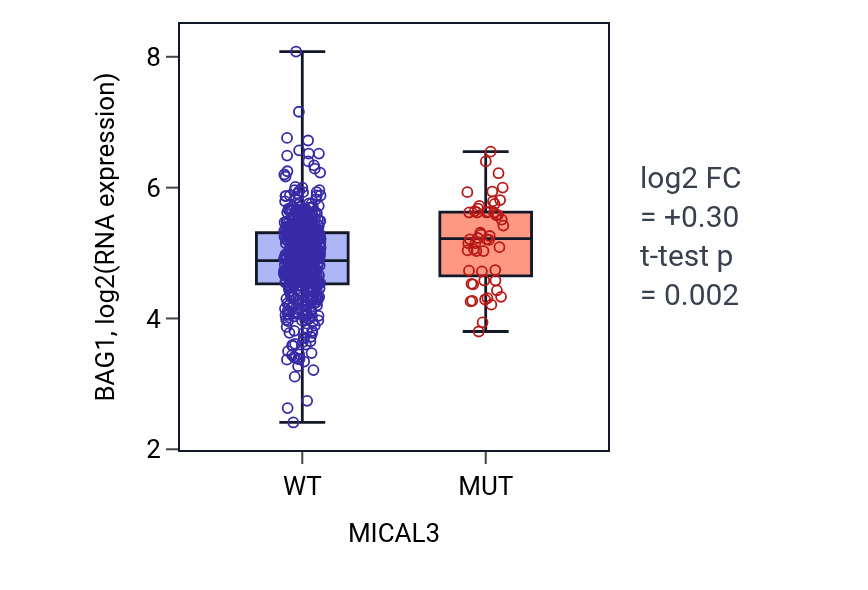 Box plot of BAG1 in MICAL3-low vs MICAL3-high samples in UCEC.
