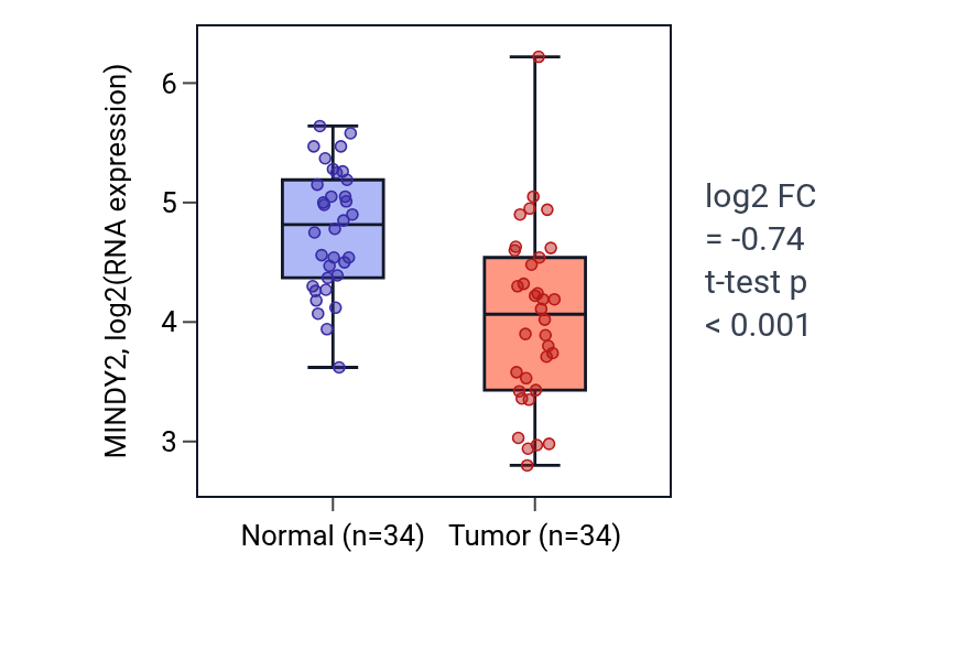 Tumor-vs-normal expression box plot for MINDY2 in KIRC.
