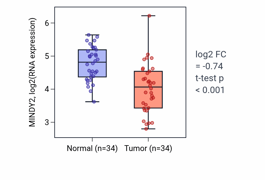 Tumor-vs-normal expression box plot for MINDY2 RNA in KIRC.