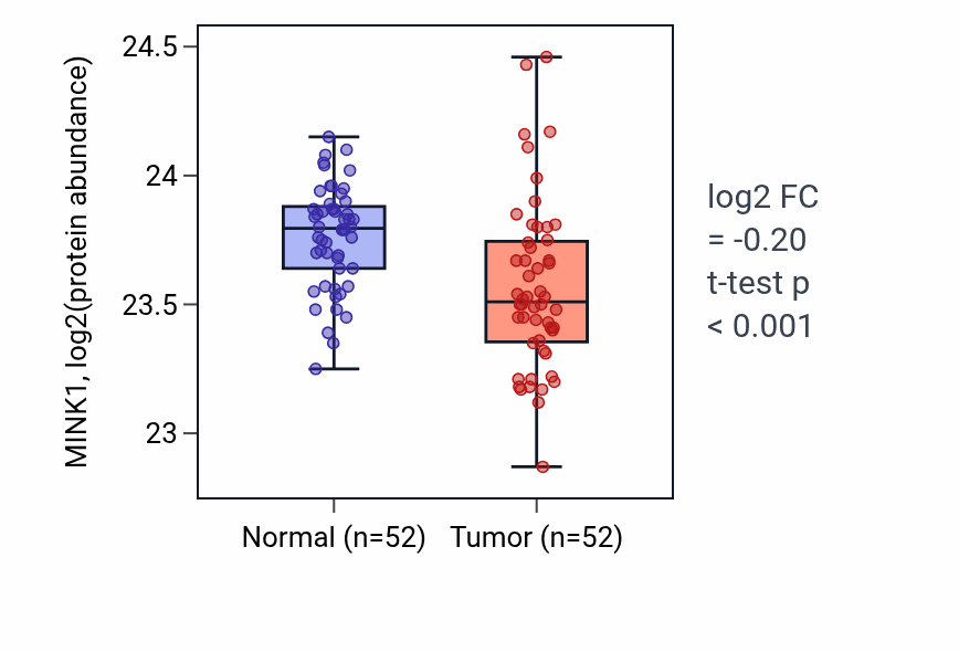 Tumor-vs-normal mass-spec protein box plot for MINK1 in COAD.