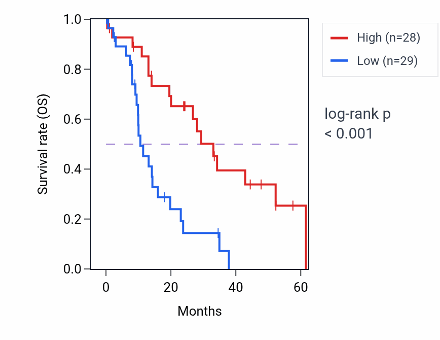 Kaplan&ndash;Meier survival curve for MIOS mass-spec protein-high vs -low samples in PDAC.