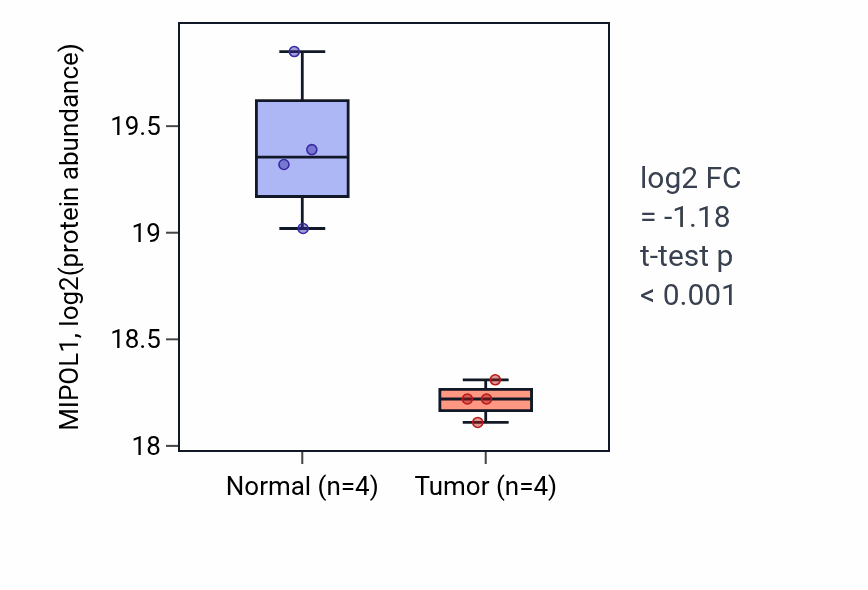 Tumor-vs-normal mass-spec protein box plot for MIPOL1 in CCRCC.