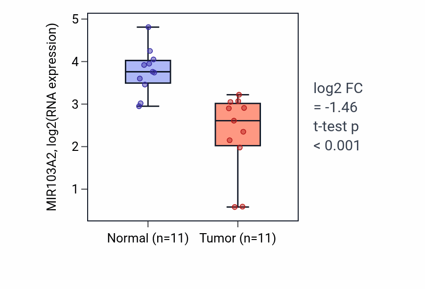 Tumor-vs-normal expression box plot for MIR103A2 in KICH.