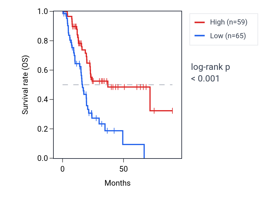 Kaplan&ndash;Meier survival curve for MIR106B RNA expression in PAAD: high vs low expression groups.