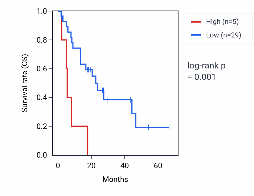 Kaplan&ndash;Meier survival curve for MIR1301 RNA expression in BLCA: high vs low expression groups.