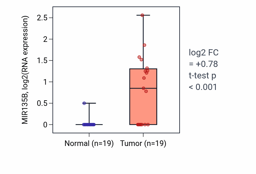 Tumor-vs-normal expression box plot for MIR135B in COAD.