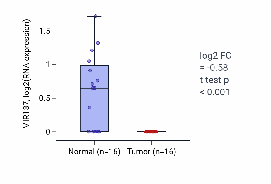 Tumor-vs-normal expression box plot for MIR187 in KIRP.