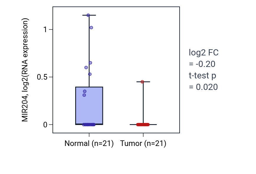 Tumor-vs-normal expression box plot for MIR204 in KIRP.