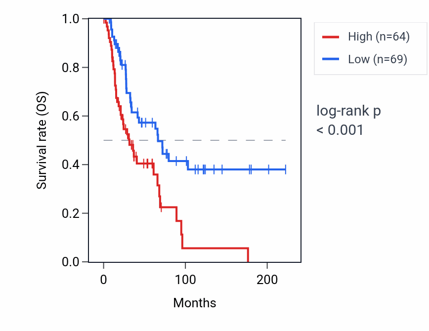 Kaplan&ndash;Meier survival curve for MIR211 RNA expression in SKCM: high vs low expression groups.
