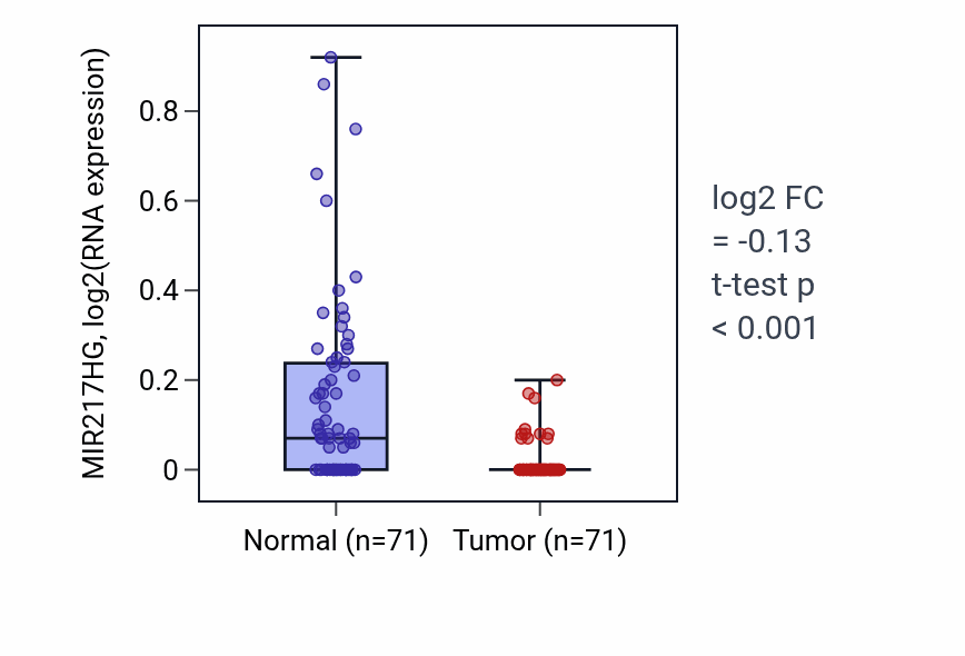 Tumor-vs-normal expression box plot for MIR217HG in KIRC.