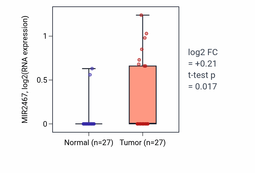 Tumor-vs-normal expression box plot for MIR2467 RNA in HNSC.